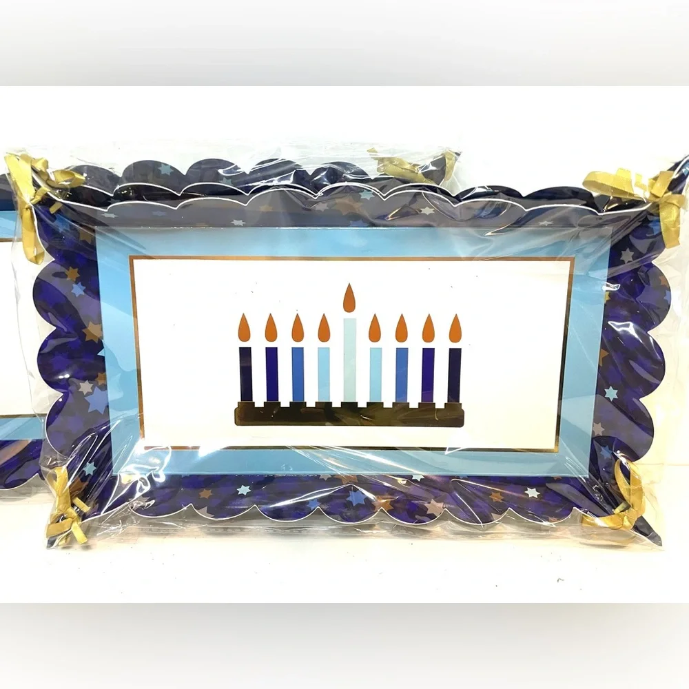 Hanukkah Party 13”x 8” Serving Trays, Blue & Gold, Party Tray,4 Disposable Trays
